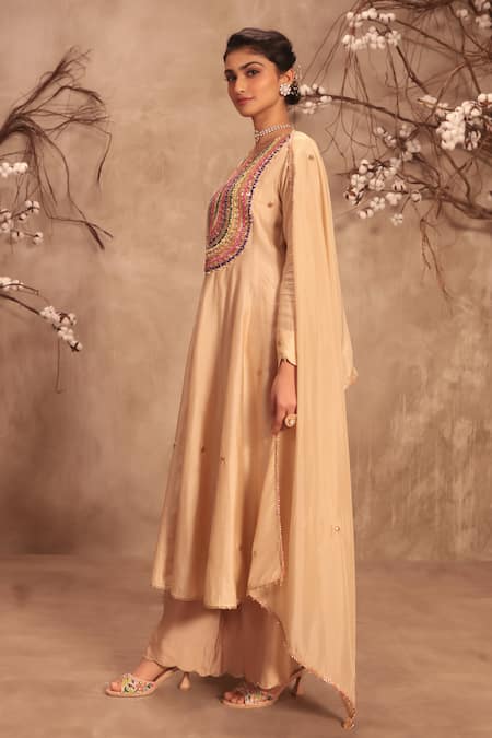 Shop Label Niti Bothra Ivory Silk Mirrors, Zari, Embroidery, Gota Patti Round Neck Kalidar Set Online at Aza Fashions Shop_Label Niti Bothra_Ivory Silk Mirrors, Zari, Embroidery, Gota Patti Round Neck Kalidar Set _Online_at_Aza_Fashions