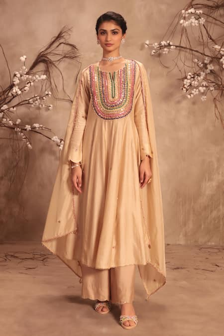 Label Niti Bothra Ivory Silk Mirrors, Zari, Embroidery, Gota Patti Round Neck Kalidar Set 