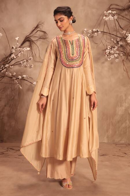 Label Niti Bothra Ivory Silk Mirrors, Zari, Embroidery, Gota Patti Round Neck Kalidar Set at Aza Fashions Label Niti Bothra_Ivory Silk Mirrors, Zari, Embroidery, Gota Patti Round Neck Kalidar Set _at_Aza_Fashions