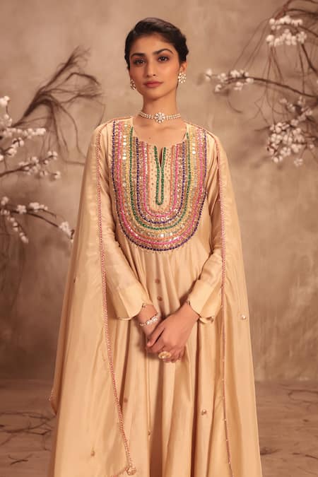 Buy Label Niti Bothra Ivory Silk Mirrors, Zari, Embroidery, Gota Patti Round Neck Kalidar Set Buy_Label Niti Bothra_Ivory Silk Mirrors, Zari, Embroidery, Gota Patti Round Neck Kalidar Set