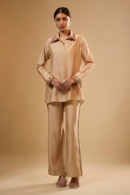 Label Niti Bothra Cream Chinon Embroidery Collared Zardosi Co-ord Set