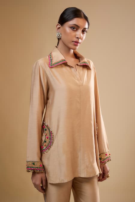 Buy_Label Niti Bothra_Cream Chinon Embroidery Collared Zardosi Co-ord Set _Online_at_Aza_Fashions