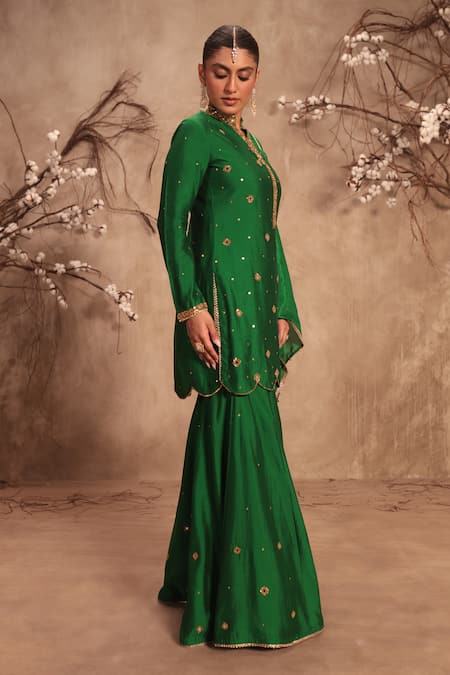 Label Niti Bothra Green Chinon, Silk Mirrors Mandarin Collar Embroidered Sharara Set Online at Aza Fashions Label Niti Bothra_Green Chinon, Silk Mirrors Mandarin Collar Embroidered Sharara Set _Online_at_Aza_Fashions