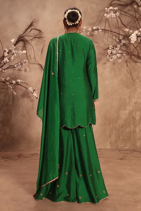 Shop Label Niti Bothra Green Chinon, Silk Mirrors Mandarin Collar Embroidered Sharara Set at Aza Fashions Shop_Label Niti Bothra_Green Chinon, Silk Mirrors Mandarin Collar Embroidered Sharara Set _at_Aza_Fashions