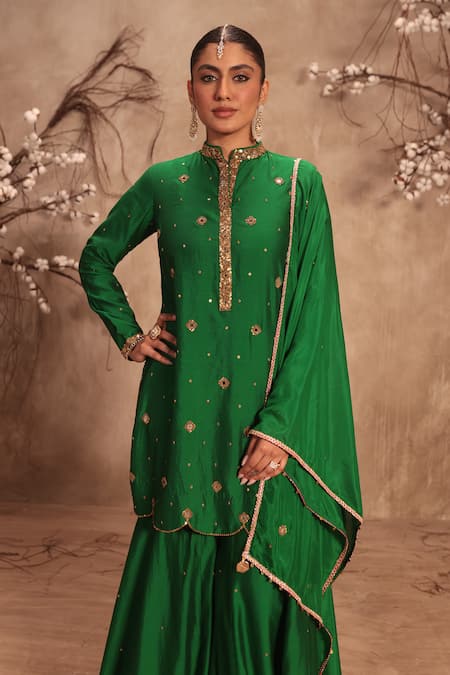 Buy Label Niti Bothra Green Chinon, Silk Mirrors Mandarin Collar Embroidered Sharara Set Online at Aza Fashions Buy_Label Niti Bothra_Green Chinon, Silk Mirrors Mandarin Collar Embroidered Sharara Set _Online_at_Aza_Fashions