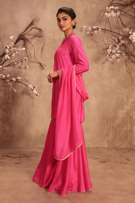 Label Niti Bothra Pink Chinon, Silk Mirrors, Zari Round Neck Embroidered Hot Sharara Set Online at Aza Fashions Label Niti Bothra_Pink Chinon, Silk Mirrors, Zari Round Neck Embroidered Hot Sharara Set _Online_at_Aza_Fashions