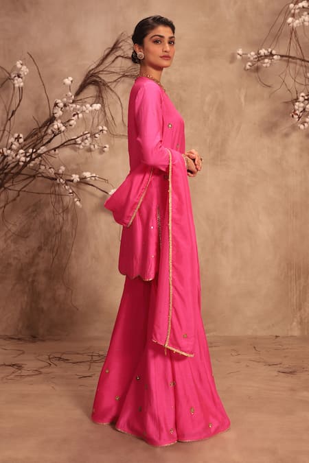 Buy Label Niti Bothra Pink Chinon, Silk Mirrors, Zari Round Neck Embroidered Hot Sharara Set Online at Aza Fashions Buy_Label Niti Bothra_Pink Chinon, Silk Mirrors, Zari Round Neck Embroidered Hot Sharara Set _Online_at_Aza_Fashions