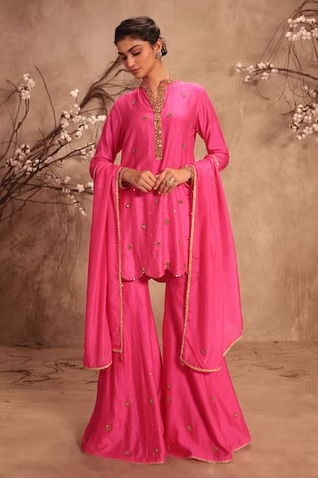 Shop Label Niti Bothra Pink Chinon, Silk Mirrors, Zari Round Neck Embroidered Hot Sharara Set at Aza Fashions Shop_Label Niti Bothra_Pink Chinon, Silk Mirrors, Zari Round Neck Embroidered Hot Sharara Set _at_Aza_Fashions