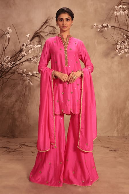 Label Niti Bothra Pink Chinon, Silk Mirrors, Zari Round Neck Embroidered Hot Sharara Set 