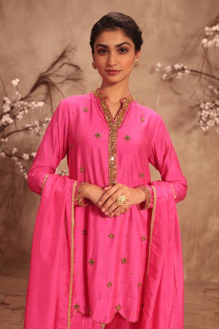 Shop Label Niti Bothra Pink Chinon, Silk Mirrors, Zari Round Neck Embroidered Hot Sharara Set Online at Aza Fashions Shop_Label Niti Bothra_Pink Chinon, Silk Mirrors, Zari Round Neck Embroidered Hot Sharara Set _Online_at_Aza_Fashions