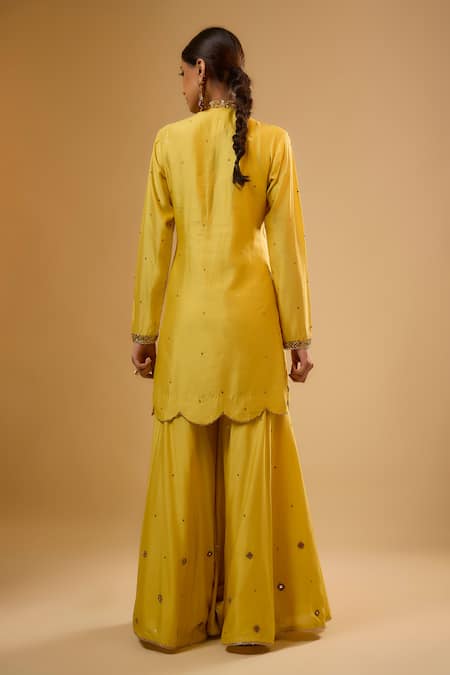Shop Label Niti Bothra Yellow Chinon, Silk Mirrors, Zari Split V-neck Embroidered Sharara Set at Aza Fashions Shop_Label Niti Bothra_Yellow Chinon, Silk Mirrors, Zari Split V-neck Embroidered Sharara Set _at_Aza_Fashions