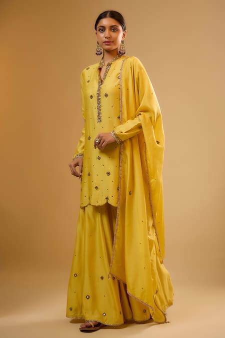 Label Niti Bothra Yellow Chinon, Silk Mirrors, Zari Split V-neck Embroidered Sharara Set 