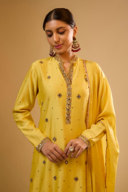 Label Niti Bothra Yellow Chinon, Silk Mirrors, Zari Split V-neck Embroidered Sharara Set Online at Aza Fashions Label Niti Bothra_Yellow Chinon, Silk Mirrors, Zari Split V-neck Embroidered Sharara Set _Online_at_Aza_Fashions