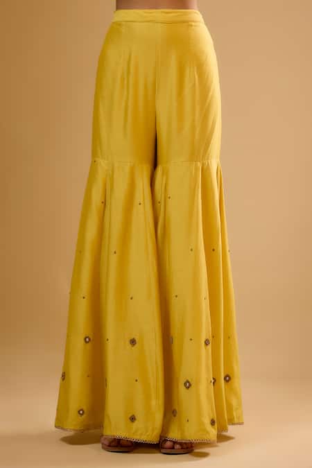 Buy Label Niti Bothra Yellow Chinon, Silk Mirrors, Zari Split V-neck Embroidered Sharara Set Online at Aza Fashions Buy_Label Niti Bothra_Yellow Chinon, Silk Mirrors, Zari Split V-neck Embroidered Sharara Set _Online_at_Aza_Fashions