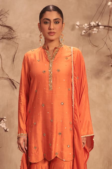 Buy Label Niti Bothra Orange Silk Mirrors, Tassels Round Neck Embroidered Sharara Set Online at Aza Fashions Buy_Label Niti Bothra_Orange Silk Mirrors, Tassels Round Neck Embroidered Sharara Set _Online_at_Aza_Fashions