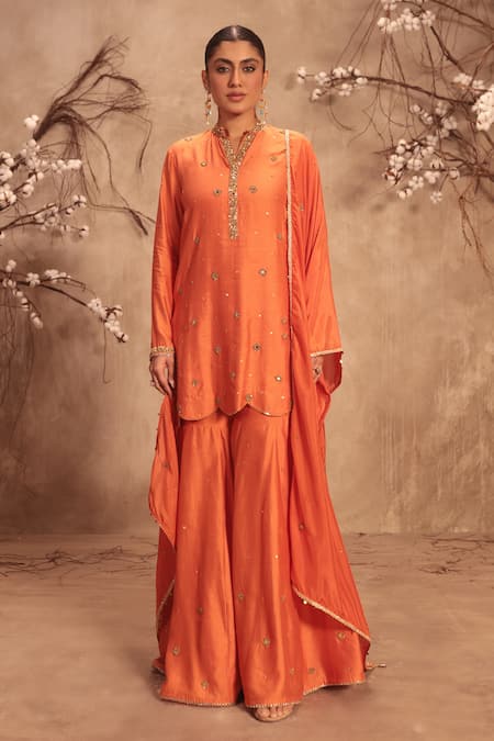 Label Niti Bothra Orange Silk Mirrors, Tassels Round Neck Embroidered Sharara Set