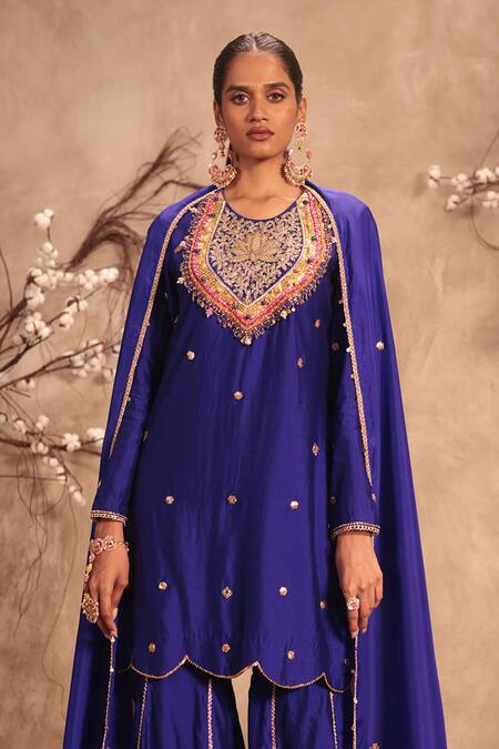 Label Niti Bothra Blue Silk, Chinon Embroidery, Zari, Gota Patti Round Neck Sharara Set Online at Aza Fashions Label Niti Bothra_Blue Silk, Chinon Embroidery, Zari, Gota Patti Round Neck Sharara Set _Online_at_Aza_Fashions