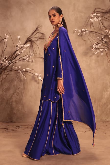 Buy Label Niti Bothra Blue Silk, Chinon Embroidery, Zari, Gota Patti Round Neck Sharara Set Online at Aza Fashions Buy_Label Niti Bothra_Blue Silk, Chinon Embroidery, Zari, Gota Patti Round Neck Sharara Set _Online_at_Aza_Fashions