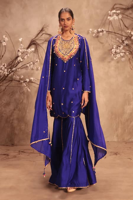 Label Niti Bothra Blue Silk, Chinon Embroidery, Zari, Gota Patti Round Neck Sharara Set