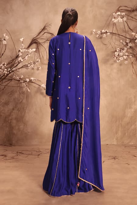 Shop Label Niti Bothra Blue Silk, Chinon Embroidery, Zari, Gota Patti Round Neck Sharara Set at Aza Fashions Shop_Label Niti Bothra_Blue Silk, Chinon Embroidery, Zari, Gota Patti Round Neck Sharara Set _at_Aza_Fashions