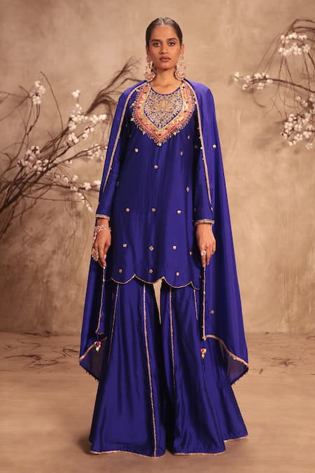Shop Label Niti Bothra Blue Silk, Chinon Embroidery, Zari, Gota Patti Round Neck Sharara Set Online at Aza Fashions Shop_Label Niti Bothra_Blue Silk, Chinon Embroidery, Zari, Gota Patti Round Neck Sharara Set _Online_at_Aza_Fashions