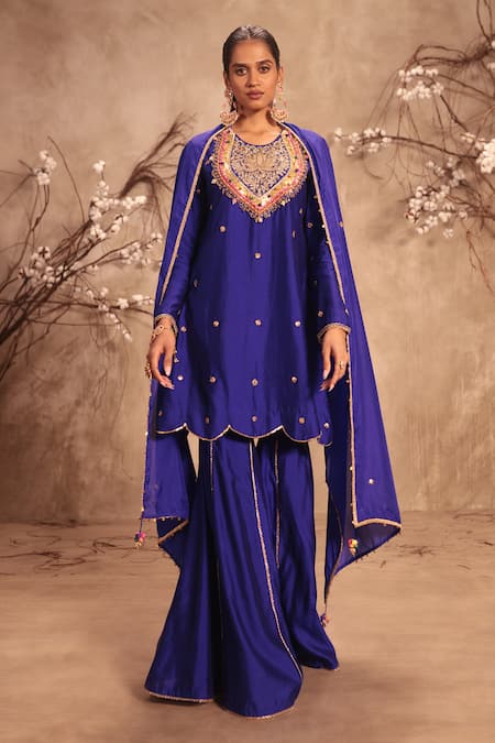Label Niti Bothra Blue Silk, Chinon Embroidery, Zari, Gota Patti Round Neck Sharara Set at Aza Fashions Label Niti Bothra_Blue Silk, Chinon Embroidery, Zari, Gota Patti Round Neck Sharara Set _at_Aza_Fashions
