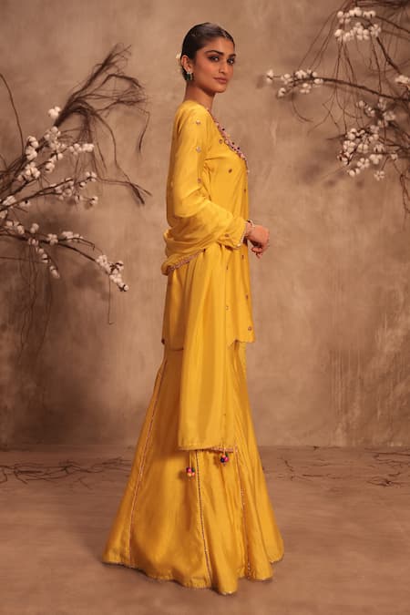 Label Niti Bothra_Yellow Silk Embroidery, Gota Patti, Tassels Round Neck Dark Sharara Set _Online_at_Aza_Fashions