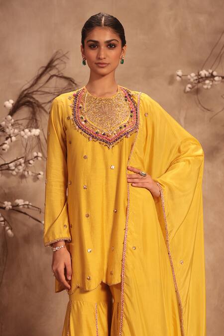 Buy_Label Niti Bothra_Yellow Silk Embroidery, Gota Patti, Tassels Round Neck Dark Sharara Set _Online_at_Aza_Fashions