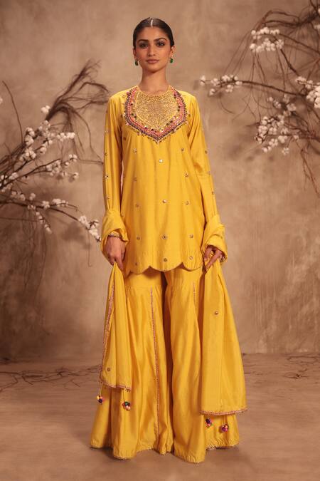 Shop_Label Niti Bothra_Yellow Silk Embroidery, Gota Patti, Tassels Round Neck Dark Sharara Set _Online_at_Aza_Fashions