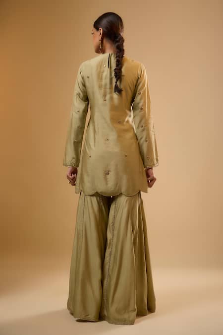 Shop Label Niti Bothra Green Silk Embroidery, Gota Patti, Zari Round Neck Light Sharara Set at Aza Fashions Shop_Label Niti Bothra_Green Silk Embroidery, Gota Patti, Zari Round Neck Light Sharara Set _at_Aza_Fashions