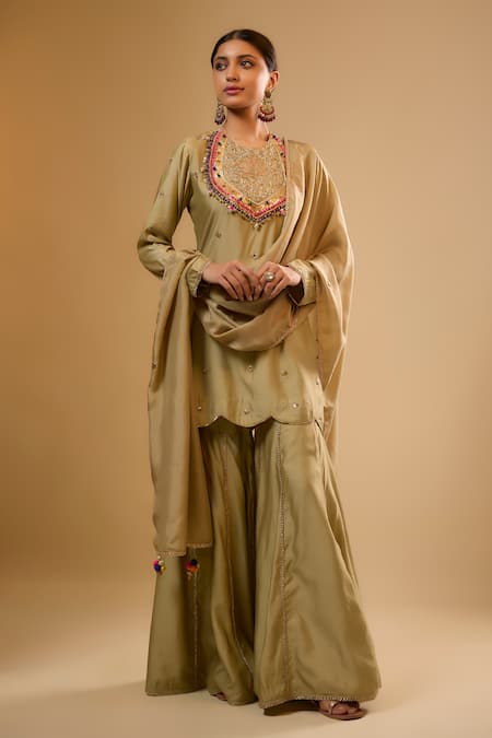 Label Niti Bothra Green Silk Embroidery, Gota Patti, Zari Round Neck Light Sharara Set 