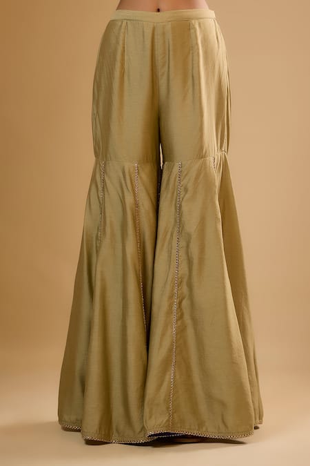 Label Niti Bothra Green Silk Embroidery, Gota Patti, Zari Round Neck Light Sharara Set Online at Aza Fashions Label Niti Bothra_Green Silk Embroidery, Gota Patti, Zari Round Neck Light Sharara Set _Online_at_Aza_Fashions