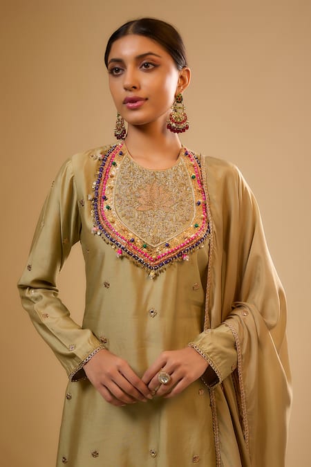 Buy Label Niti Bothra Green Silk Embroidery, Gota Patti, Zari Round Neck Light Sharara Set Online at Aza Fashions Buy_Label Niti Bothra_Green Silk Embroidery, Gota Patti, Zari Round Neck Light Sharara Set _Online_at_Aza_Fashions