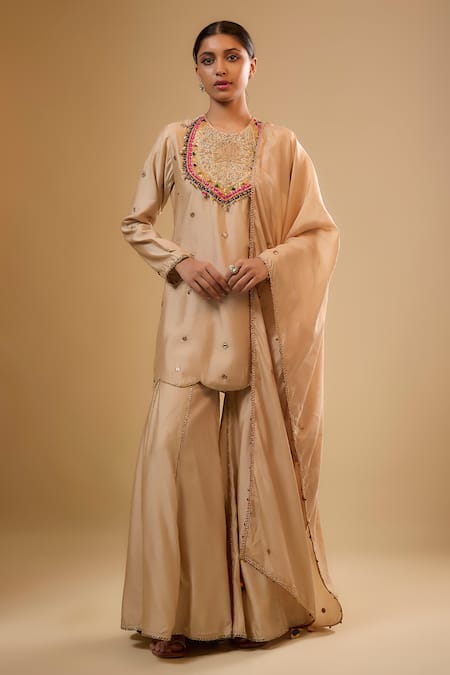 Label Niti Bothra Ivory Silk, Chinon Zari, Embroidery, Tassels, Gota Patti Round Neck Sharara Set