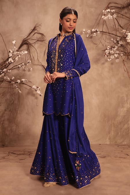 Buy_Label Niti Bothra_Blue Silk Mirrors, Tassels, Zari Round Neck Embroidered Sharara Set _Online_at_Aza_Fashions