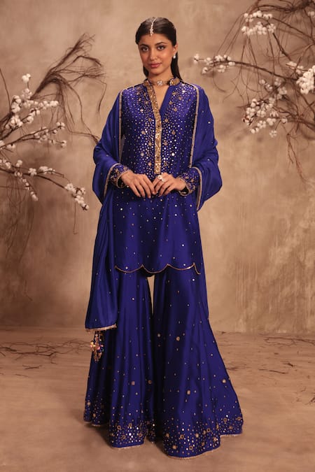 Label Niti Bothra Blue Silk Mirrors, Tassels, Zari Round Neck Embroidered Sharara Set