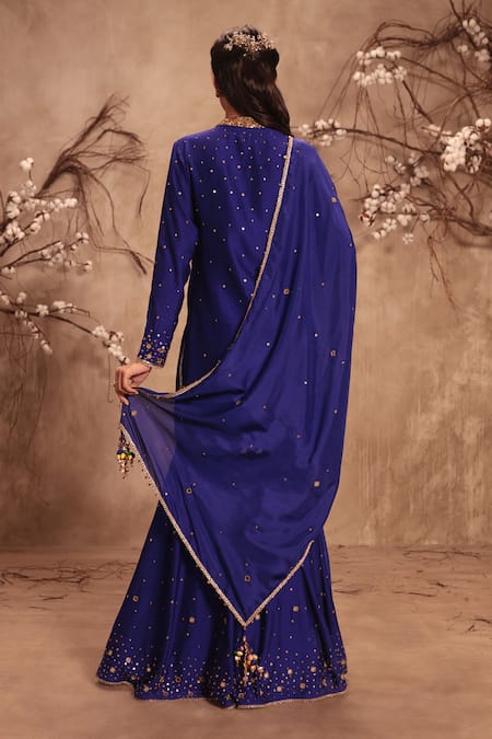 Shop_Label Niti Bothra_Blue Silk Mirrors, Tassels, Zari Round Neck Embroidered Sharara Set _at_Aza_Fashions