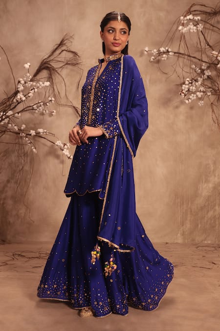 Shop_Label Niti Bothra_Blue Silk Mirrors, Tassels, Zari Round Neck Embroidered Sharara Set _Online_at_Aza_Fashions