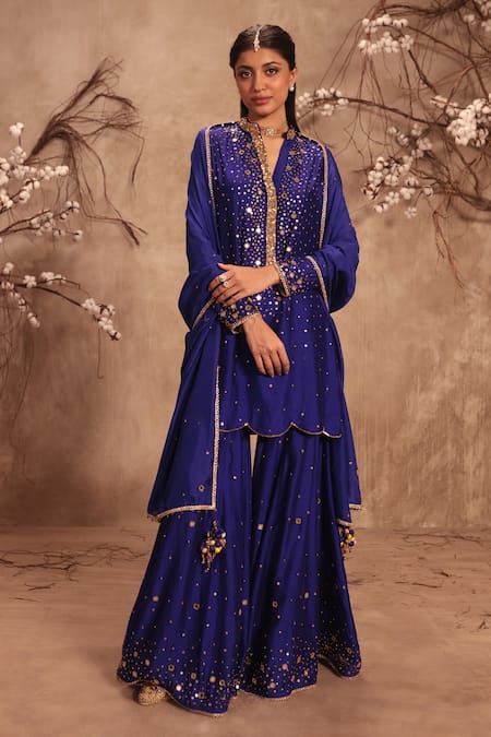 Label Niti Bothra_Blue Silk Mirrors, Tassels, Zari Round Neck Embroidered Sharara Set _at_Aza_Fashions