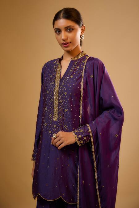 Label Niti Bothra Purple Silk Embroidery, Mirrors, Tassels Collared Heavy Sharara Set Online at Aza Fashions Label Niti Bothra_Purple Silk Embroidery, Mirrors, Tassels Collared Heavy Sharara Set _Online_at_Aza_Fashions
