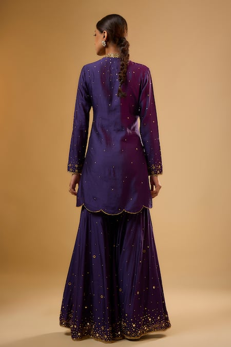 Shop Label Niti Bothra Purple Silk Embroidery, Mirrors, Tassels Collared Heavy Sharara Set at Aza Fashions Shop_Label Niti Bothra_Purple Silk Embroidery, Mirrors, Tassels Collared Heavy Sharara Set _at_Aza_Fashions