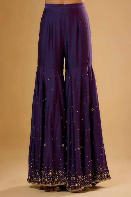 Buy Label Niti Bothra Purple Silk Embroidery, Mirrors, Tassels Collared Heavy Sharara Set Online at Aza Fashions Buy_Label Niti Bothra_Purple Silk Embroidery, Mirrors, Tassels Collared Heavy Sharara Set _Online_at_Aza_Fashions