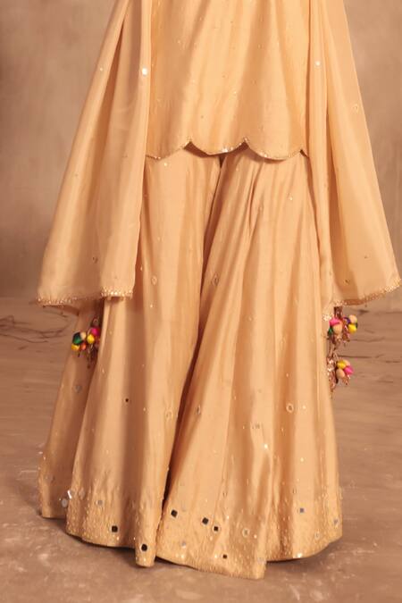 Label Niti Bothra Ivory Silk Tassels Mandarin Collar Embroidered Sharara Set Online at Aza Fashions Label Niti Bothra_Ivory Silk Tassels Mandarin Collar Embroidered Sharara Set _Online_at_Aza_Fashions