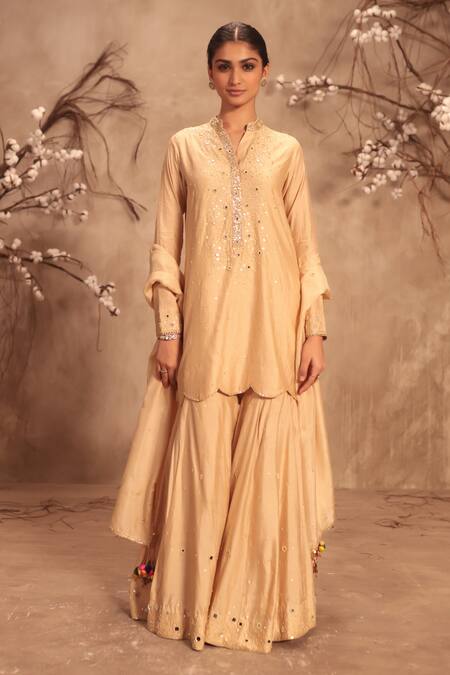 Shop Label Niti Bothra Ivory Silk Tassels Mandarin Collar Embroidered Sharara Set Online at Aza Fashions Shop_Label Niti Bothra_Ivory Silk Tassels Mandarin Collar Embroidered Sharara Set _Online_at_Aza_Fashions