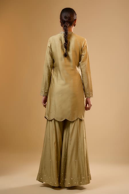 Shop Label Niti Bothra Green Silk Tassels Collared Embroidered Light Sharara Set at Aza Fashions Shop_Label Niti Bothra_Green Silk Tassels Collared Embroidered Light Sharara Set _at_Aza_Fashions