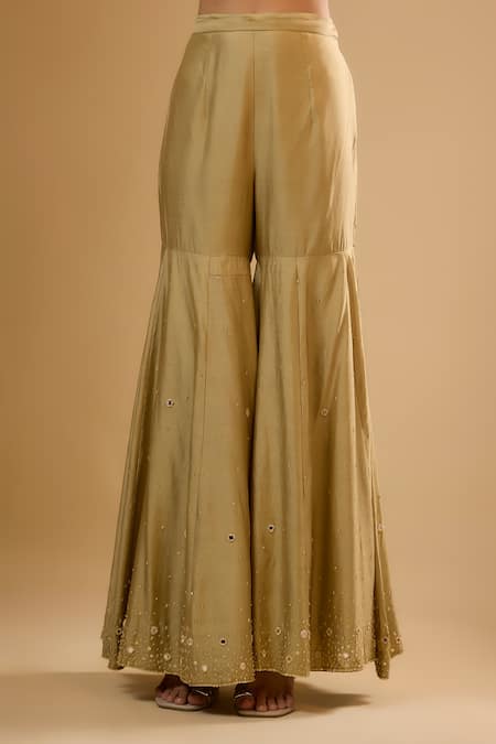 Label Niti Bothra Green Silk Tassels Collared Embroidered Light Sharara Set Online at Aza Fashions Label Niti Bothra_Green Silk Tassels Collared Embroidered Light Sharara Set _Online_at_Aza_Fashions