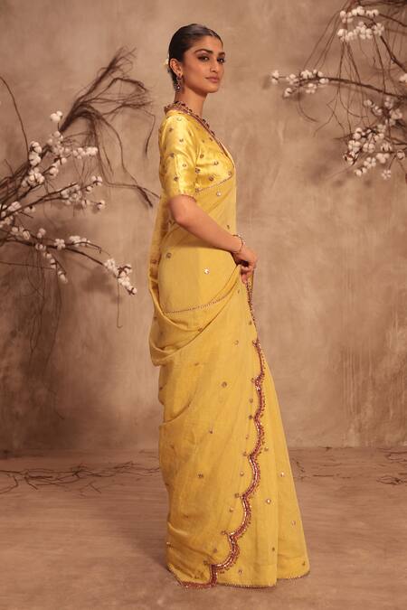 Label Niti Bothra Yellow Tissue Zari, Mirrors V-neck Zardosi Embroidered Saree Set Online at Aza Fashions Label Niti Bothra_Yellow Tissue Zari, Mirrors V-neck Zardosi Embroidered Saree Set _Online_at_Aza_Fashions