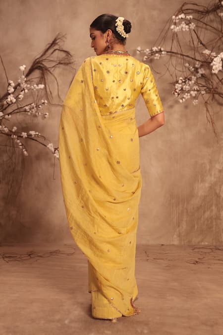 Shop Label Niti Bothra Yellow Tissue Zari, Mirrors V-neck Zardosi Embroidered Saree Set at Aza Fashions Shop_Label Niti Bothra_Yellow Tissue Zari, Mirrors V-neck Zardosi Embroidered Saree Set _at_Aza_Fashions