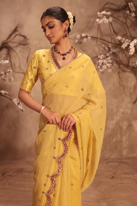 Buy Label Niti Bothra Yellow Tissue Zari, Mirrors V-neck Zardosi Embroidered Saree Set Online at Aza Fashions Buy_Label Niti Bothra_Yellow Tissue Zari, Mirrors V-neck Zardosi Embroidered Saree Set _Online_at_Aza_Fashions