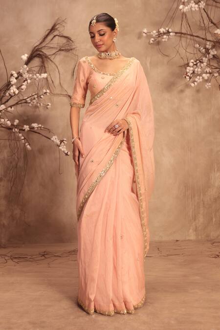 Label Niti Bothra_Pink Tissue Mirrors, Zari Round Neck Light Zardosi Embroidered Saree Set _Online_at_Aza_Fashions